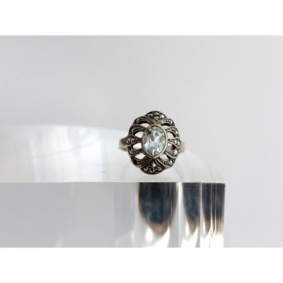 Aquamarine Semi-Precious Marcasite 925 Sterling Silver Vintage Ring - sz 6 - Picture 2 of 11